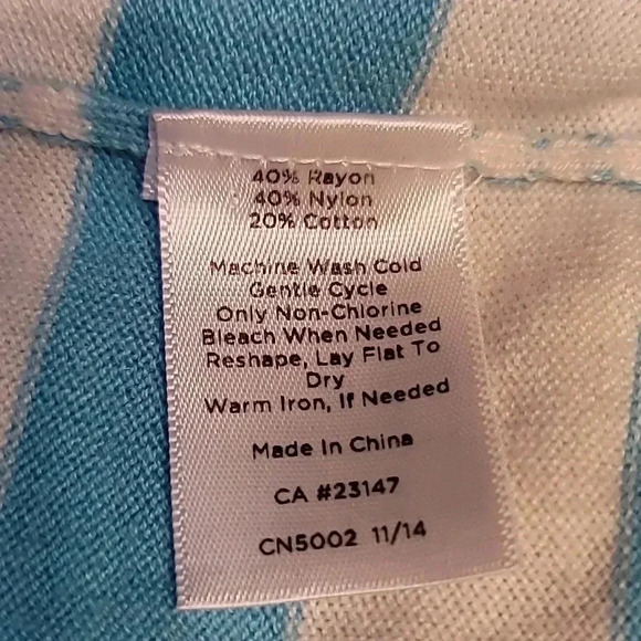Talbott Petite Striped Sweater with button back. Coral/Blue/White - Picture 6 of 7
